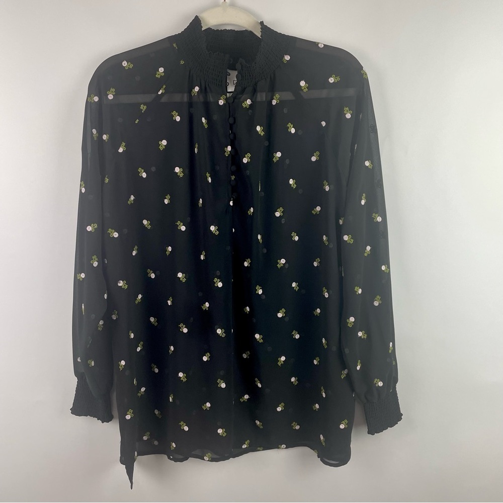 CAbi Alegria Black Embroidered Peasant Blouse Sheer Smocked Neck & Cuffs XS - Picture 2 of 16